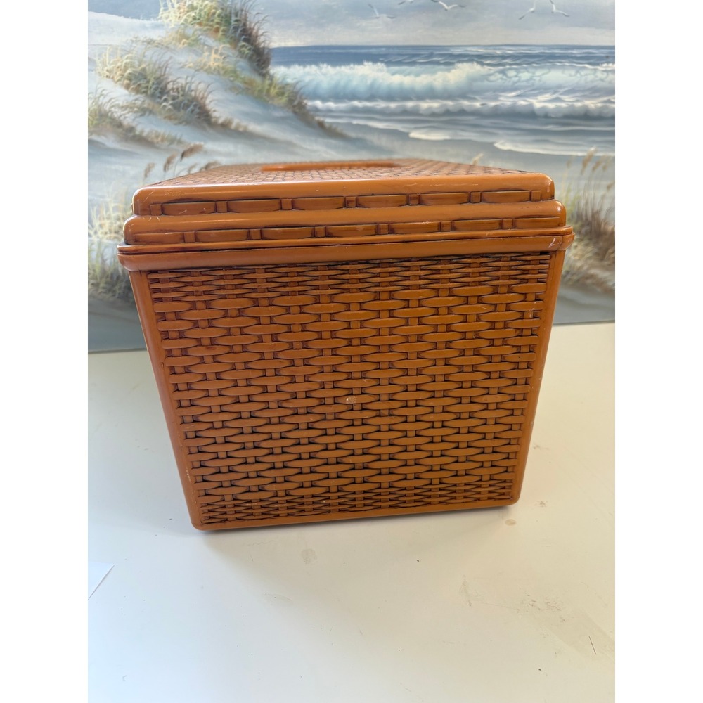 Vintage Burnt Orange Faux Wicker Plastic Sewing Basket Box with Tray & Thread - Picture 7 of 11